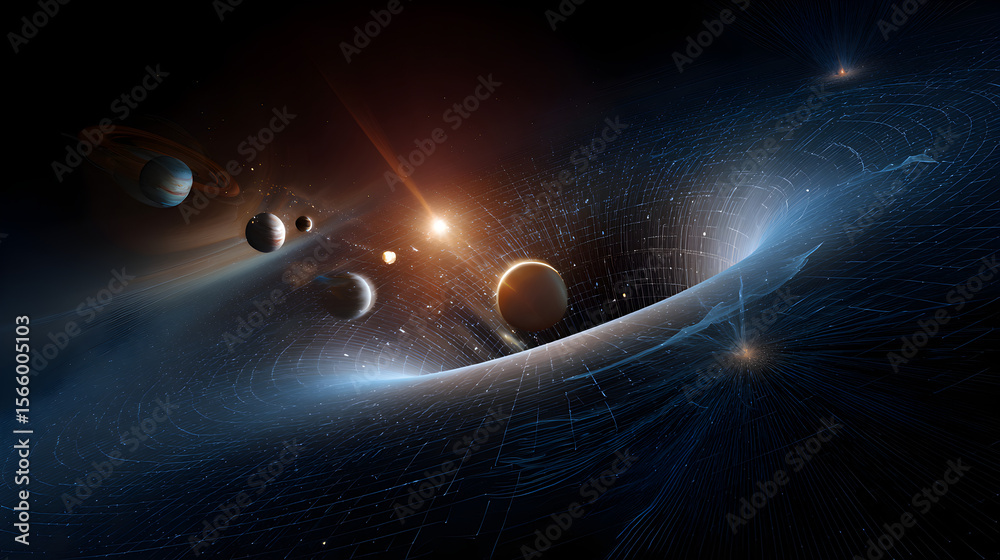 Wall mural a digital rendering of planets and stars in a cosmic scene with swirling light effects and dark spac