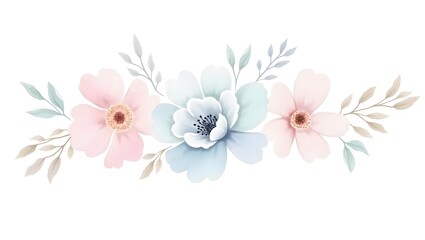 Fototapeta premium Delicate Watercolor Floral Arrangement with Soft Pastel Flowers and Elegant Leaves on a Clean White Background for Decorative Design