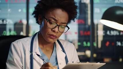 Dedicated doctor concentrating on medical records in professional setting - Powered by Adobe