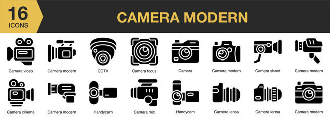 Camera Modern solid icon set. Includes black, film, equipment, device, button, and More. Solid icons vector collection.