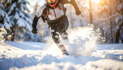 Professional Rally Driver Kicking Up Snow in a Winter Rally Stage with Sunlight Blazing Through Trees