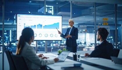 Professional Woman Presenting Graphs and Data on Digital Whiteboard During a Business Meeting in Modern Office Environment