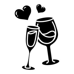Romantic Toast: Champagne Flutes and Wine Glass with Hearts icon vector solid style
