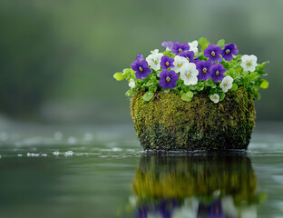 A close-up of a moss-covered flower pot with delicate purple and white violets, sitting on the edge of a water surface, with a wet background