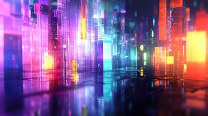 Fototapeta premium Futuristic city reflected in a vibrant, glowing liquid