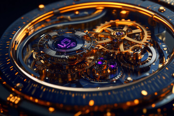 A close-up of the mechanical interior of an expensive watch, showing gears and springs in action