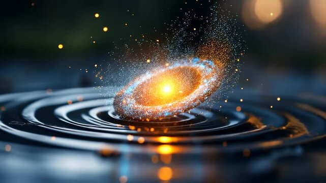 A radiant, abstract galaxy formation simulation in bright orange and blue rests on a rippling black liquid surface, with bokeh lights in the blurred background creating a cosmic yet tangible