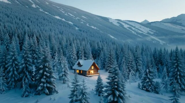 aerial view, off-grid cabin with light glowing from windows, fully surrounded by untouched white snow and trees, peaceful winter solitude, cinematic composition