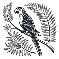 Fototapeta premium A Detailed Black and White Illustration of a Macaw Perched on a Branch Amidst Lush Green Foliage