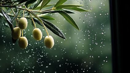 A close-up photograph of an olive branch with white olives hanging from it, water droplets on the leaves