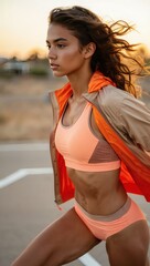 Determined Female Athlete Preparing for a Run at Sunset