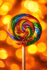 A colorful lollipop with rainbow swirls, sparkling and glistening in the light of a blurred background of orange lights