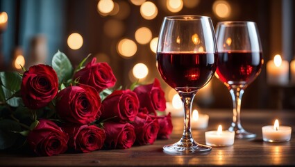 Romantic Dinner Setting Red Wine, Roses, and Candlelight