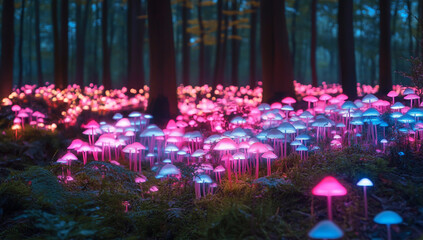 A forest with glowing pink and blue mushrooms