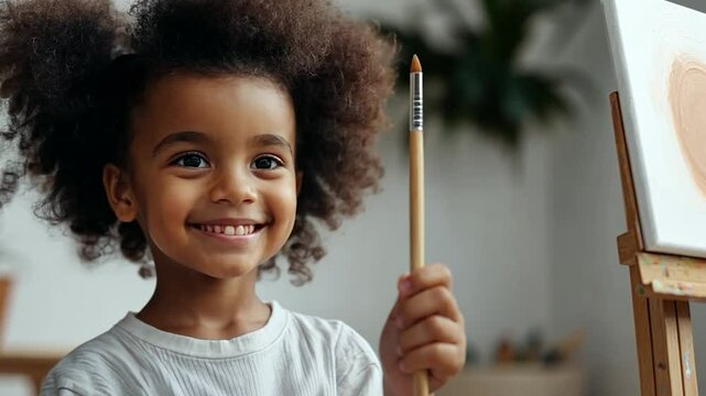 A smiling little girl with curly hair is holding a paintbrush next to her easel. The canvas shows a painting in progress. Soft lighting and neutral tones create a warm and inviting atmosphere in a