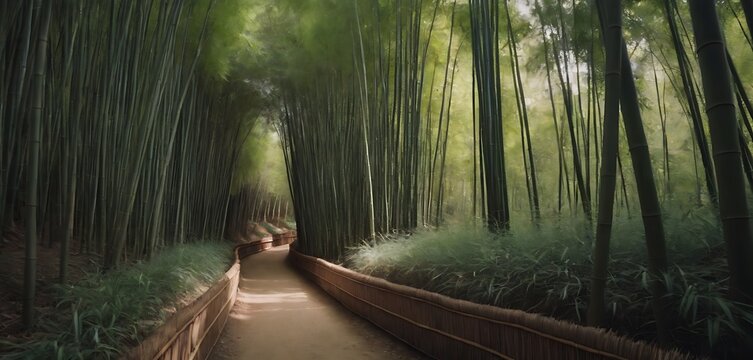 A trail through a dense bamboo forest