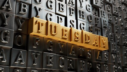 Tuesday.Movable type printing spelling.Flat lay view with Movable type printing buttons.IT technology concept.3D rendering on gold background.