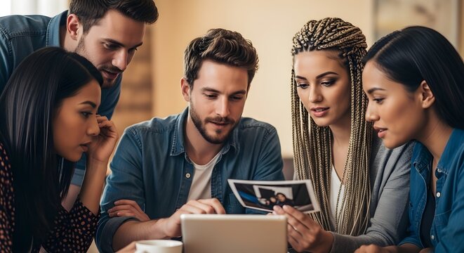 Diverse Group of Young Adults Examining Photo Together on Laptop
