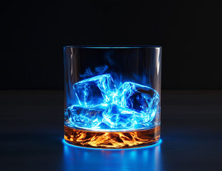 A glass of whiskey with ice cubes on a black background, with blue light illuminating from inside the glass