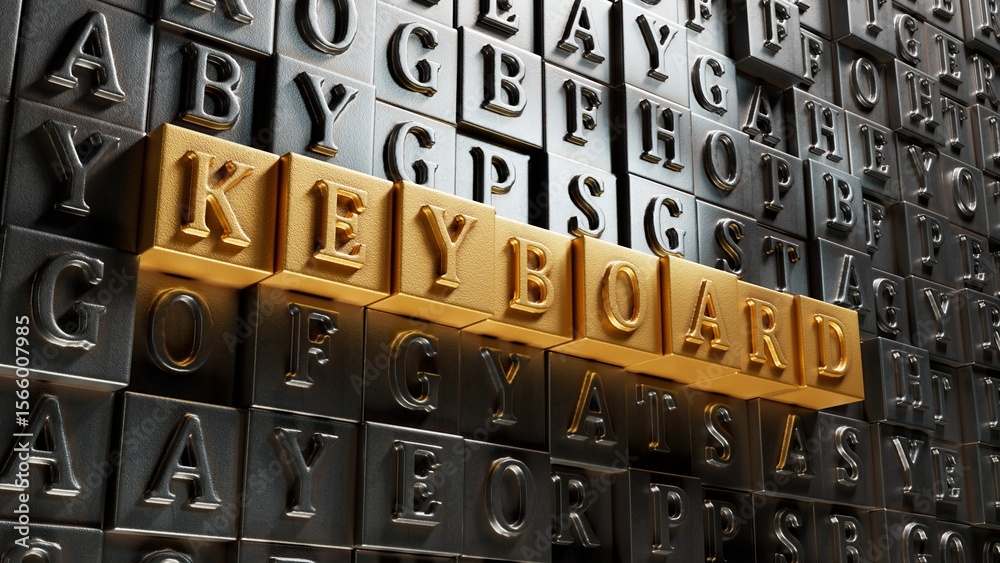 Poster Keyboard.Movable type printing spelling.Flat lay view from above on gold background with Movable type printing buttons.IT technology concept.3D rendering on gold background.