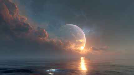 A large moon rising over the ocean with clouds and a reflection on the water surface at dusk time