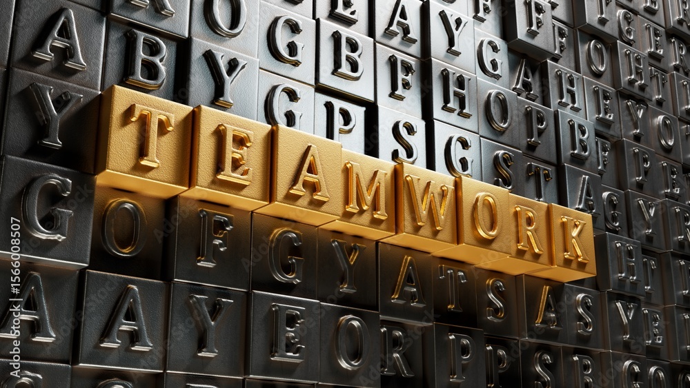 Poster teamwork.Movable type printing spelling.Flat lay view from above on gold background with Movable type printing buttons.IT technology concept.3D rendering on gold background.