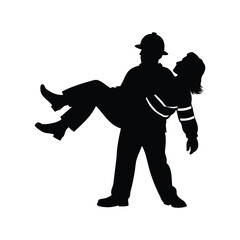 Firefighter carrying a woman silhouette in rescue operation during emergency situation