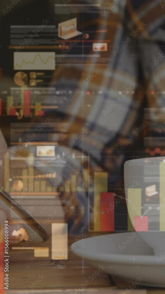 Poster animation of statistics and data processing over man using smartphone