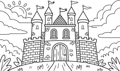 Obraz premium Castle Entrance, Welcome Castle, Medieval Fortress, Fairytale Gate, Tower Castle Front, Medieval Castle Entrance with Welcome Sign Kids Fairytale Coloring Page Illustration