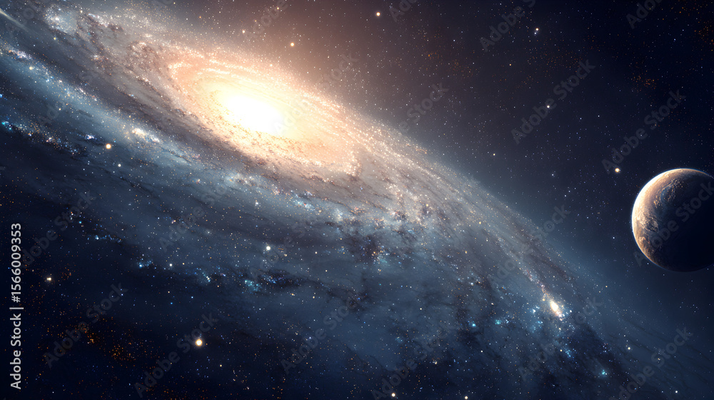 Wall mural a stunning view of a spiral galaxy with a bright center and a planet on the right side of the image