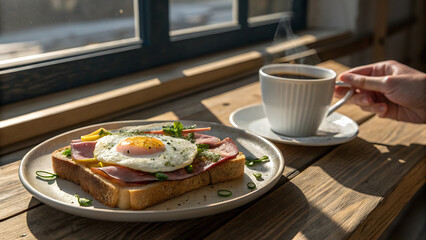 Ham and Egg Toast with Coffee &ndash; Side Angle Morning Scene