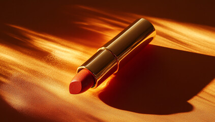 A lipstick with a golden, shimmering case, resting on an orange surface. The light casts long shadows across the background