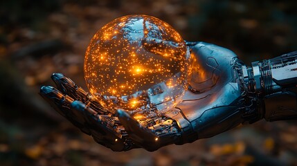 Robotic hand holding luminous sphere