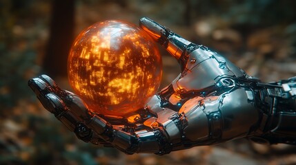 Robotic arm holding glowing orb