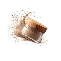 Glass Jar with Natural Exfoliating Face Scrub and Cork Lid on Black Background

