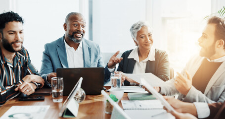 Teamwork, meeting and planning with business people in office for budget report, stakeholder update and research. Ceo review, market analyst and partnership with employees in agency for discussion