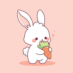 A cartoon white rabbit stands holding an orange carrot against a peachcolored background