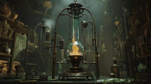 An intricate glass alembic sits over a flickering flame, producing condensation that drips down its sides. Medieval alchemy lab