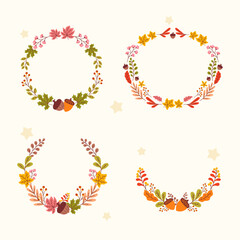 Cute autumn foliage wreath set illustration