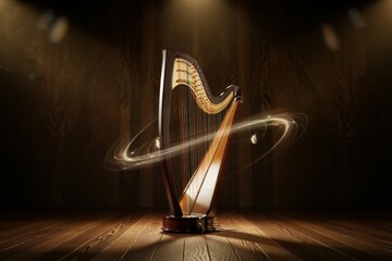 A photograph of a meticulously crafted, open faced, metallic instrument resembling a harp