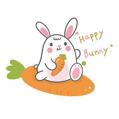 A white bunny holding a carrot seated on a large carrot with Happy Bunny text