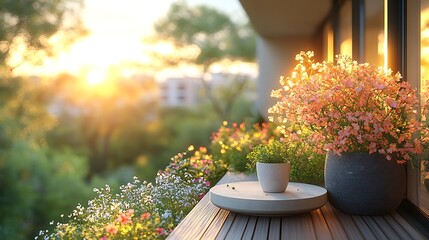Balcony scene with flowers and sunlight