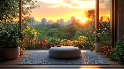 Peaceful meditation space with city sunset view