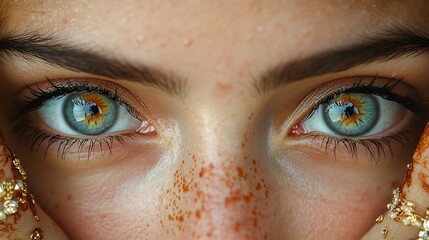 Close up view of human eyes with freckled skin