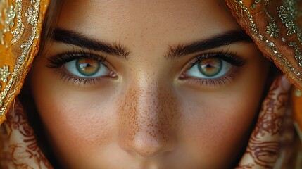Close up portrait of woman with henna and orange headscarf