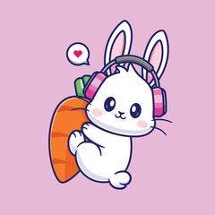 Cartoon bunny wearing headphones hugging a carrot with a speech bubble containing a heart above its head