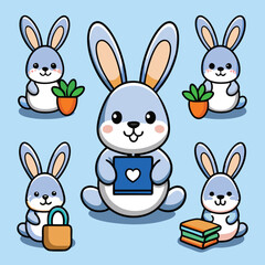 Cartoon rabbits with assorted items on light blue background