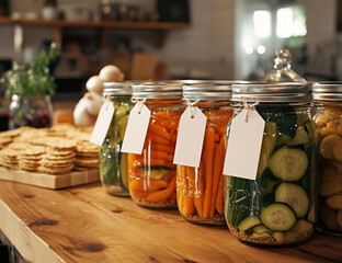A photo of mason jars filled with pickled vegetables, carrots and zucchini in the foreground, and crackers made from garlic on an oak table, with white blank tags attached to each jar for labels