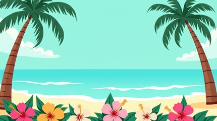 Tropical Beach Paradise with Palm Trees, Ocean and Exotic Flowers - Ideal Summer Vacation Background.