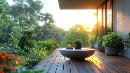 Modern patio at sunrise illustration